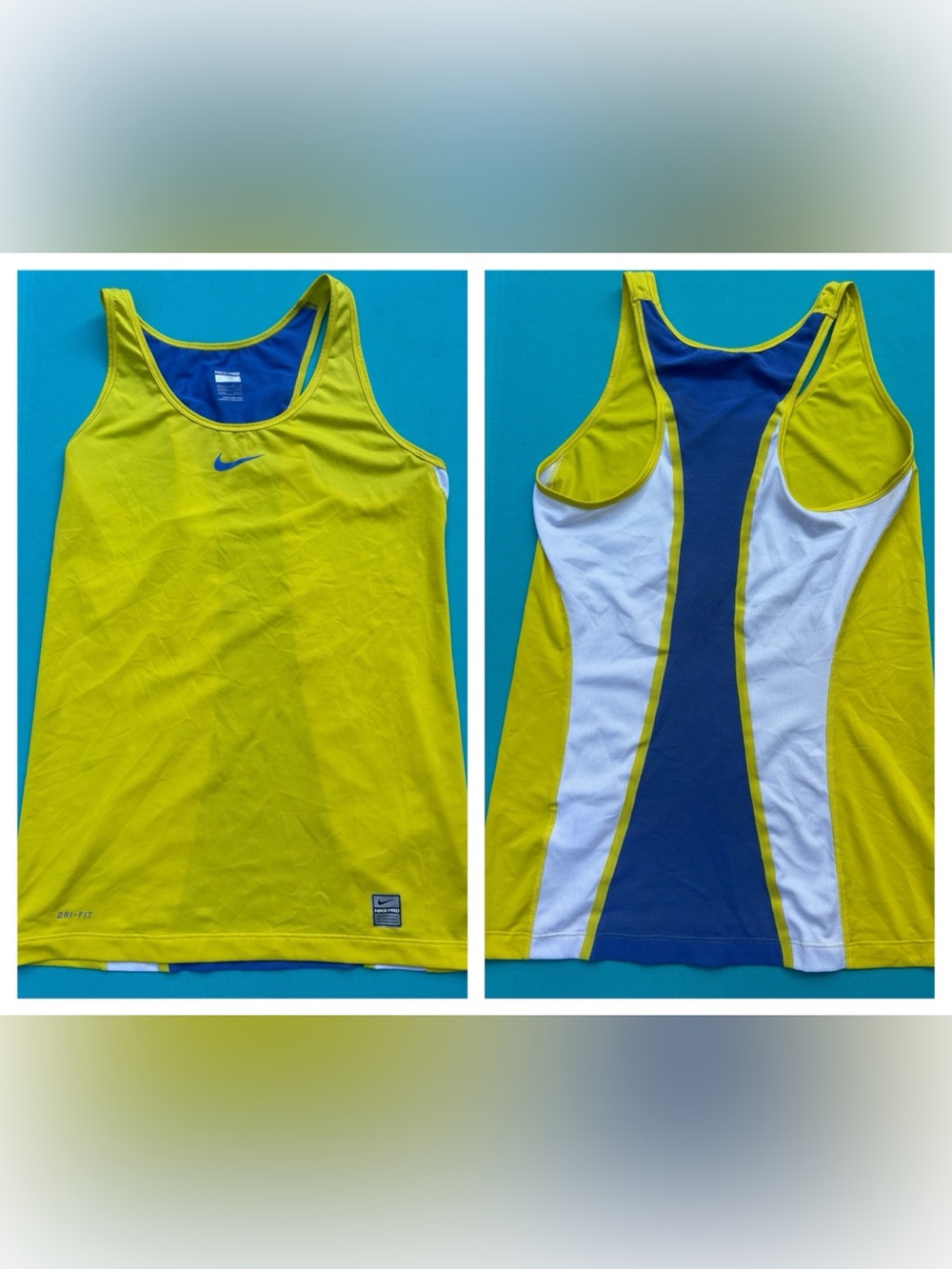 Nike Pro Dry Fit Women's Yellow Round Neck Sleeveless color block Top Sz M